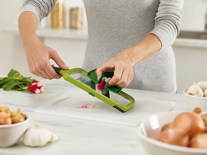 Hand held Slicer with Food Grip and Adjustable Blades