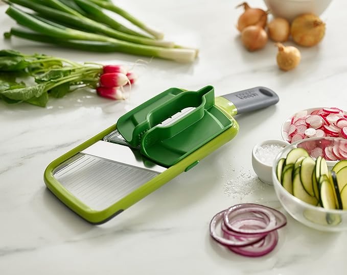 Hand held Slicer with Food Grip and Adjustable Blades